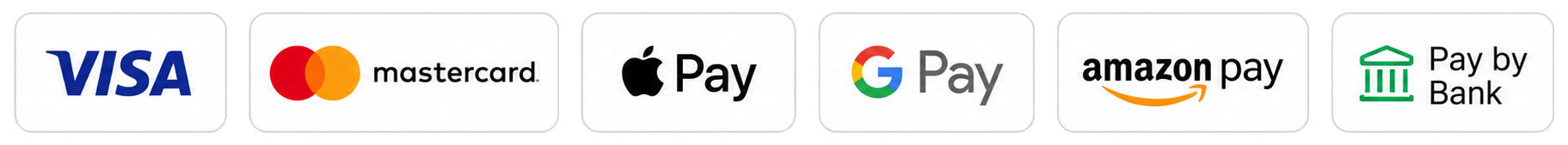 Visa, Mastercard, Apple Pay, Google Pay, Amazon Pay and Pay by Bank